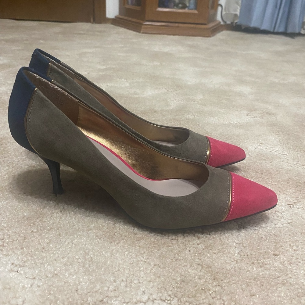 Pink/Gray/Navy suede high heel shoes.  Size 6.5.  Approx 3” heel.